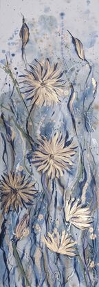 An abstract of wild grass and leaves in dark blue, smoke blue and white with silver leaf.  