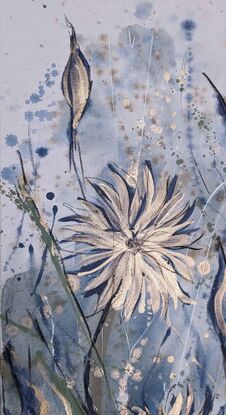 An abstract of wild grass and leaves in dark blue, smoke blue and white with silver leaf.  