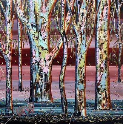 Several colourful gum tree trunks, a Wombat hiding in plain sight, with some leaf litter and twigs lovely hues of maroon background with a blue base