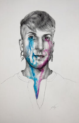 A drawing by Marce King of a person facing forward looking directly at the viewer.  There is a blue ink wash running down from one eye and a pink ink wash running down from the other eye.