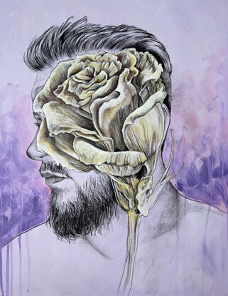 A drawing by Marce King of a person facing to the side and a flower covering the majority of their face.