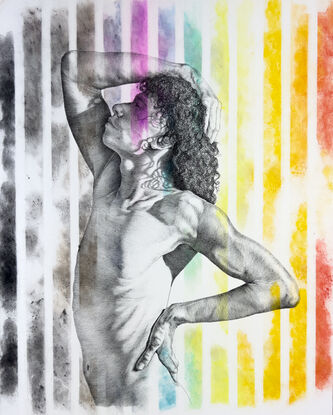 A drawing by Marce King of a person facing to the side and a rainbow of color drawn over the top