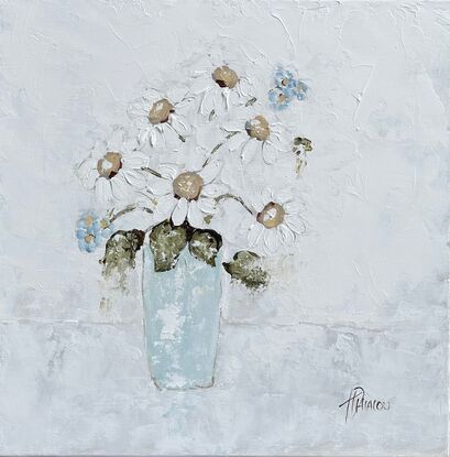  Still Life painting featuring a French Blue Vase filled with White Daisies and Blue Forget me Nots. 