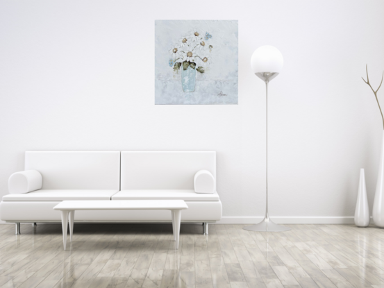  Still Life painting featuring a French Blue Vase filled with White Daisies and Blue Forget me Nots. 