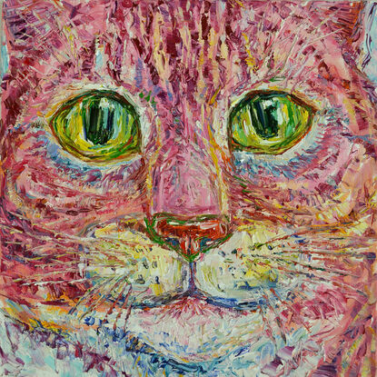 Portrait of the face of a pink cat with yellow eyes.