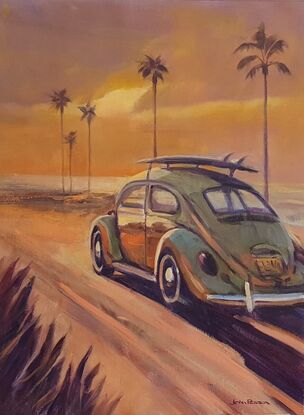 Classic VW Beetle drives towards the sunset