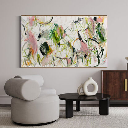 neutral and subtle pinks and apricot, orange tones blended with areas of blush, sage, grey, white and black expressive marks across an extra large canvas