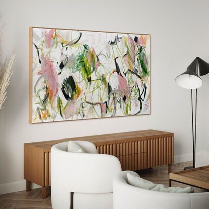 neutral and subtle pinks and apricot, orange tones blended with areas of blush, sage, grey, white and black expressive marks across an extra large canvas