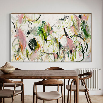 neutral and subtle pinks and apricot, orange tones blended with areas of blush, sage, grey, white and black expressive marks across an extra large canvas