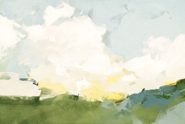 Loose abstract white clouds on a blue sky with touches of yellow  above a green and blue landscape.