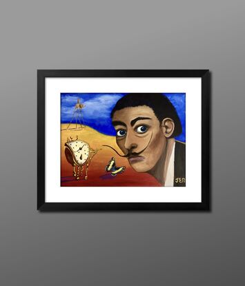 This painting uses primary colours to create a surreal atmosphere typical of Dali paintings. It introduces some of his sculptures and paintings in the form of a bent clock, an elephant on elongated legs and a butterfly, all typical of the objects to be found in Dali's own artworks. His portrait captures his crazy stare typically seen in photographs of the artist himself.