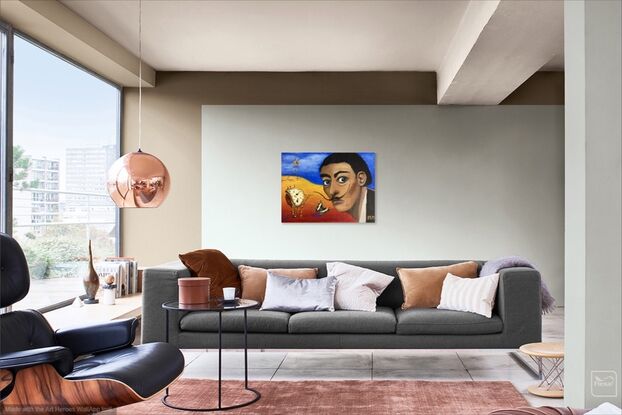 This painting uses primary colours to create a surreal atmosphere typical of Dali paintings. It introduces some of his sculptures and paintings in the form of a bent clock, an elephant on elongated legs and a butterfly, all typical of the objects to be found in Dali's own artworks. His portrait captures his crazy stare typically seen in photographs of the artist himself.