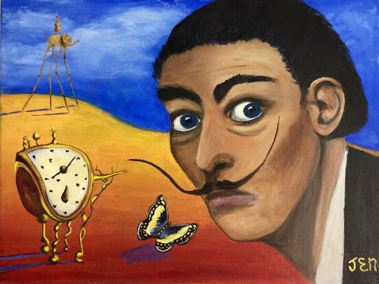 This painting uses primary colours to create a surreal atmosphere typical of Dali paintings. It introduces some of his sculptures and paintings in the form of a bent clock, an elephant on elongated legs and a butterfly, all typical of the objects to be found in Dali's own artworks. His portrait captures his crazy stare typically seen in photographs of the artist himself.