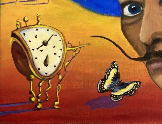 This painting uses primary colours to create a surreal atmosphere typical of Dali paintings. It introduces some of his sculptures and paintings in the form of a bent clock, an elephant on elongated legs and a butterfly, all typical of the objects to be found in Dali's own artworks. His portrait captures his crazy stare typically seen in photographs of the artist himself.