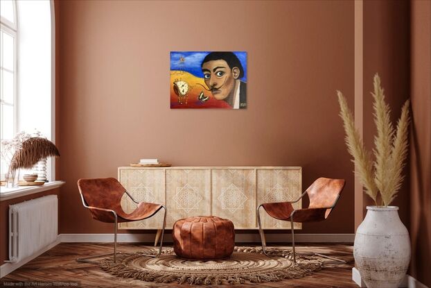 This painting uses primary colours to create a surreal atmosphere typical of Dali paintings. It introduces some of his sculptures and paintings in the form of a bent clock, an elephant on elongated legs and a butterfly, all typical of the objects to be found in Dali's own artworks. His portrait captures his crazy stare typically seen in photographs of the artist himself.