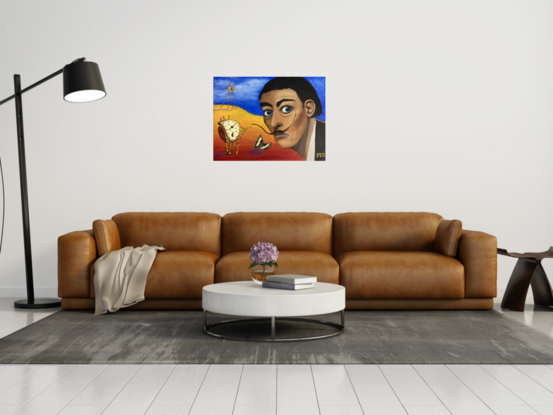 This painting uses primary colours to create a surreal atmosphere typical of Dali paintings. It introduces some of his sculptures and paintings in the form of a bent clock, an elephant on elongated legs and a butterfly, all typical of the objects to be found in Dali's own artworks. His portrait captures his crazy stare typically seen in photographs of the artist himself.