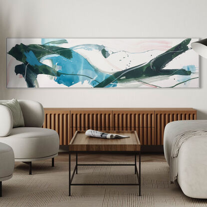 expressive marks in light blue and dark green with areas of white, grey and blush pink across a large canvas