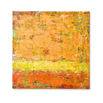 An orange and yellow layered abstract painting, with hints of complementary colours.