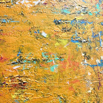 An orange and yellow layered abstract painting, with hints of complementary colours.