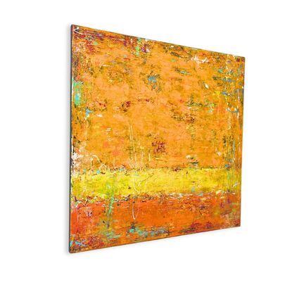 An orange and yellow layered abstract painting, with hints of complementary colours.