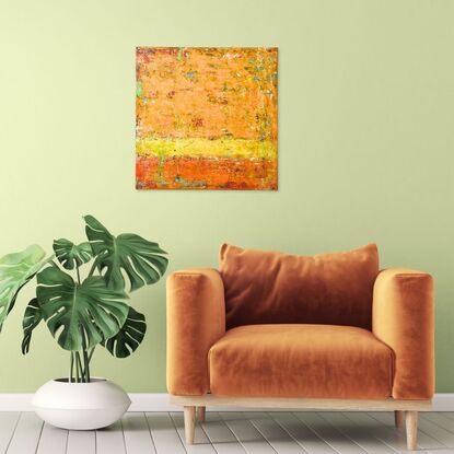 An orange and yellow layered abstract painting, with hints of complementary colours.