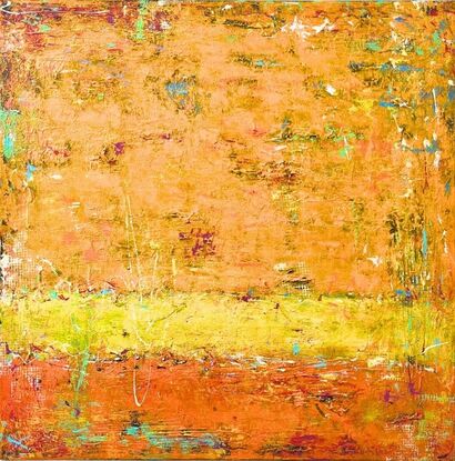 An orange and yellow layered abstract painting, with hints of complementary colours.