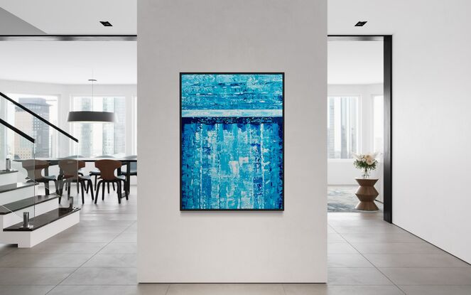 This painting embodies vibrant impasto layers of blues and aquas with highlights of white,, reminiscent of an abstract blue  sky with white clouds.