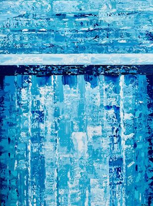 This painting embodies vibrant impasto layers of blues and aquas with highlights of white,, reminiscent of an abstract blue  sky with white clouds.