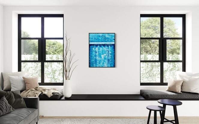 This painting embodies vibrant impasto layers of blues and aquas with highlights of white,, reminiscent of an abstract blue  sky with white clouds.