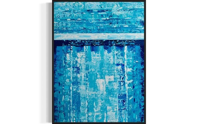 This painting embodies vibrant impasto layers of blues and aquas with highlights of white,, reminiscent of an abstract blue  sky with white clouds.