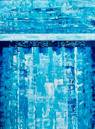 This painting embodies vibrant impasto layers of blues and aquas with highlights of white,, reminiscent of an abstract blue  sky with white clouds.