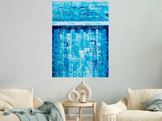 This painting embodies vibrant impasto layers of blues and aquas with highlights of white,, reminiscent of an abstract blue  sky with white clouds.