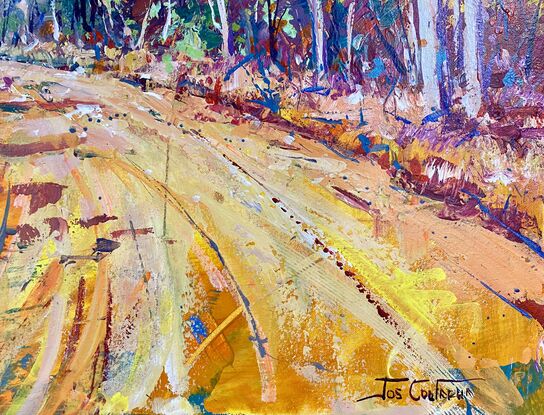 A dirt road leading past boab trees to a distant mountain range. Painted in impressionistic colourful style. 