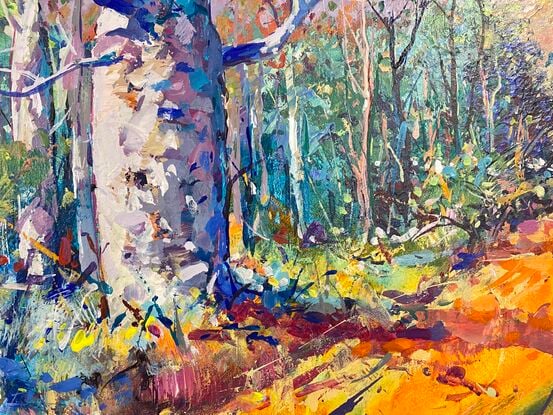 A dirt road leading past boab trees to a distant mountain range. Painted in impressionistic colourful style. 