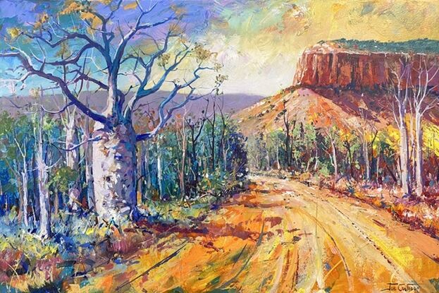 A dirt road leading past boab trees to a distant mountain range. Painted in impressionistic colourful style. 