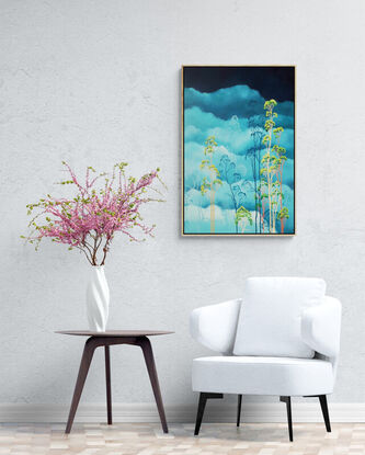 Australian landscape with aqua sky and gold, red and beige gum trees in the tree canopy above, framed with a floating frame, Lucinda Leveille, original artwork,  Australiana