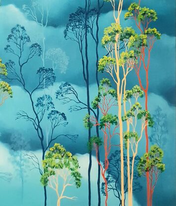 Australian landscape with aqua sky and gold, red and beige gum trees in the tree canopy above, framed with a floating frame, Lucinda Leveille, original artwork,  Australiana