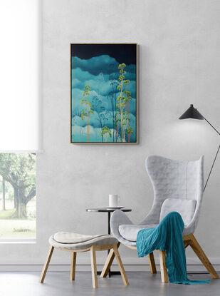 Australian landscape with aqua sky and gold, red and beige gum trees in the tree canopy above, framed with a floating frame, Lucinda Leveille, original artwork,  Australiana