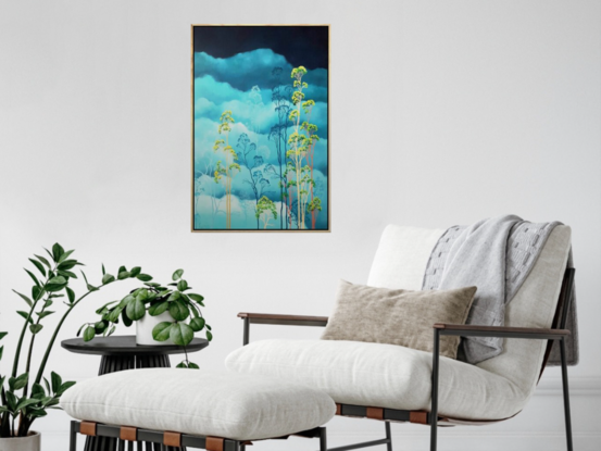 Australian landscape with aqua sky and gold, red and beige gum trees in the tree canopy above, framed with a floating frame, Lucinda Leveille, original artwork,  Australiana