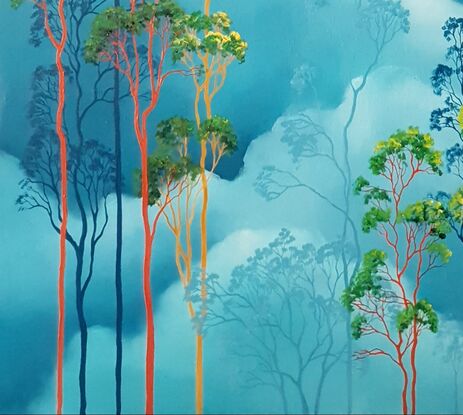 Australian landscape with aqua sky and gold, red and beige gum trees in the tree canopy above, framed with a floating frame, Lucinda Leveille, original artwork,  Australiana