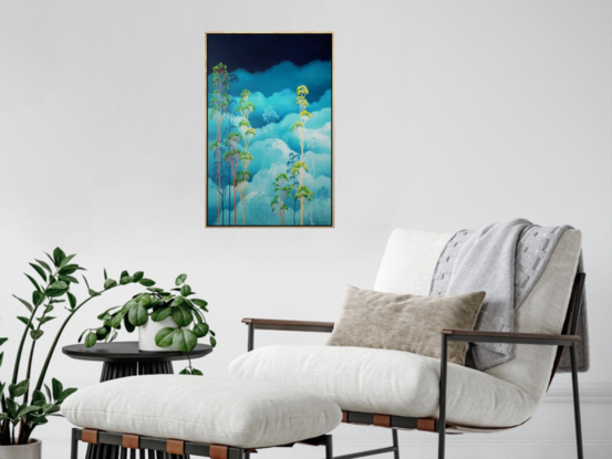 Australian landscape with aqua sky and gold, red and beige gum trees in the tree canopy above, framed with a floating frame, Lucinda Leveille, original artwork,  Australiana