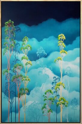 Australian landscape with aqua sky and gold, red and beige gum trees in the tree canopy above, framed with a floating frame, Lucinda Leveille, original artwork,  Australiana