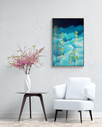 Australian landscape with aqua sky and gold, red and beige gum trees in the tree canopy above, framed with a floating frame, Lucinda Leveille, original artwork,  Australiana