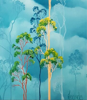 Australian landscape with aqua sky and gold, red and beige gum trees in the tree canopy above, framed with a floating frame, Lucinda Leveille, original artwork,  Australiana