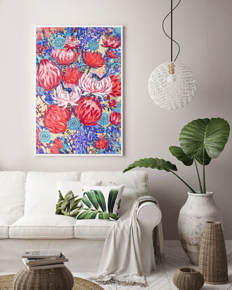 Tropical flowers and Superb Fairy Wren original one of a kind painting by Irina Redine.