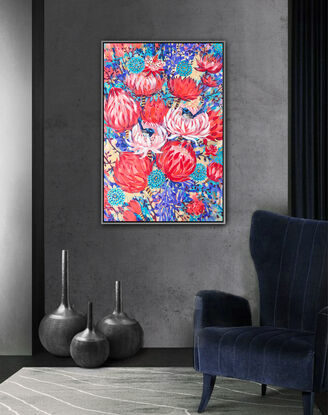 Tropical flowers and Superb Fairy Wren original one of a kind painting by Irina Redine.