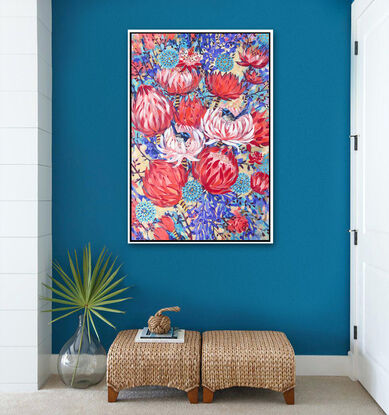 Tropical flowers and Superb Fairy Wren original one of a kind painting by Irina Redine.