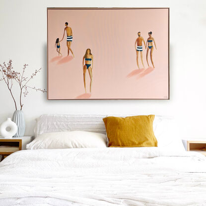 Apricot background with minimalist beach goers