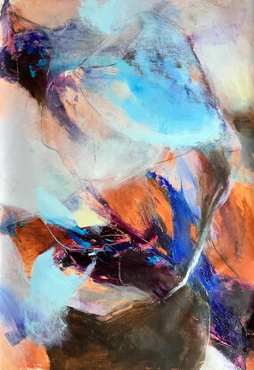 Swirling organic shapes suggest tidal pools and the movement of the sea over rocks. Colours include earthy burnt orange, highlighted with blue and turquoise.