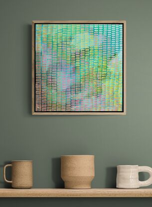 A mountain background. Dusky dark light with a glow,  covered in small brushstrokes  creating a veneer over the background, a playful organic mark making work, abstract and modern take on Pointillism
